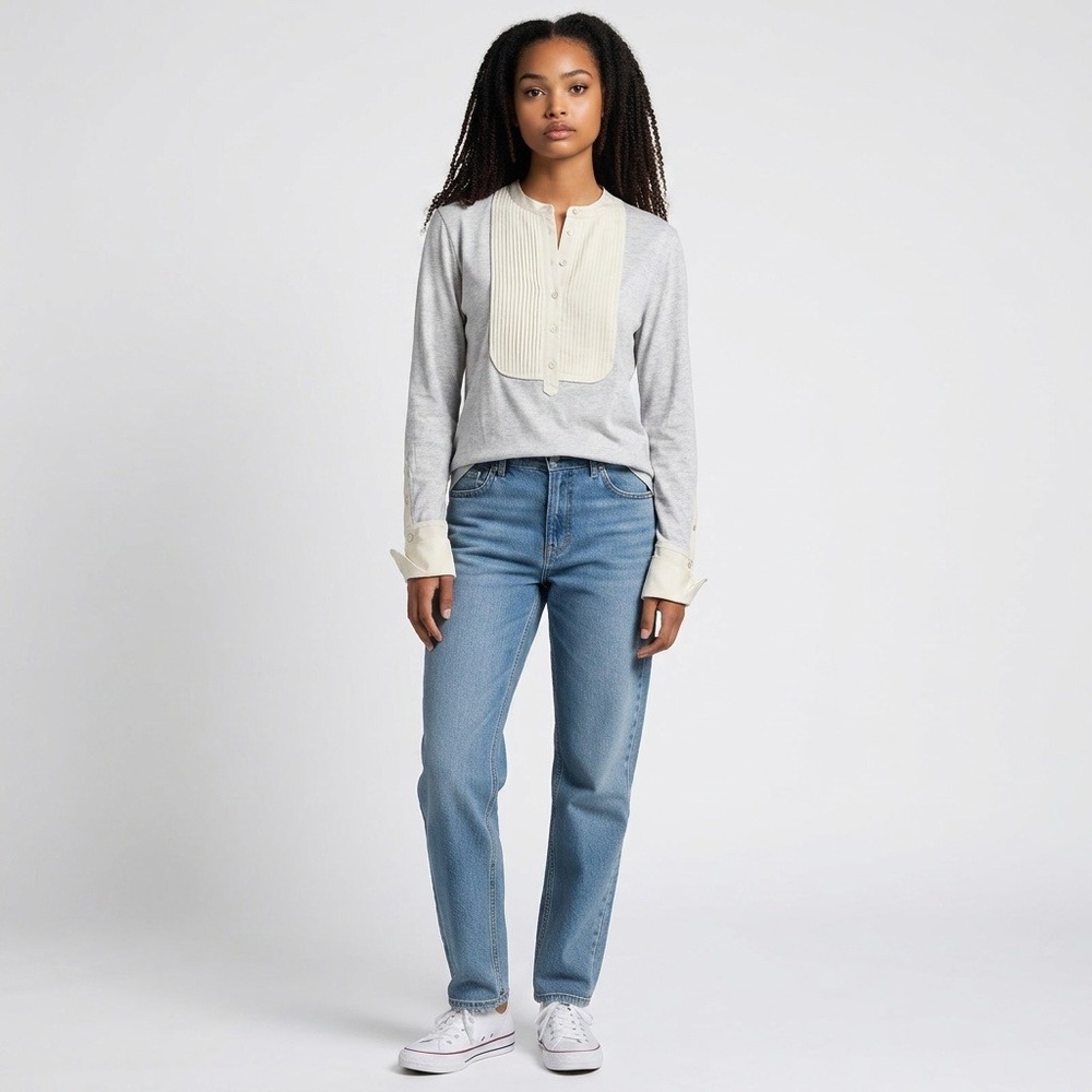J.Crew Tuxedo Bib Top L Gray Long Sleeve Pleated Mixed Media Statement Piece